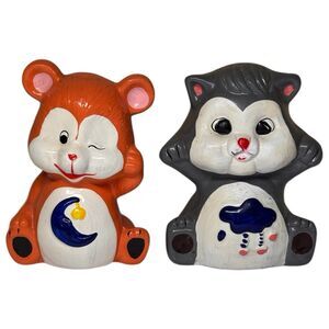 Vintage 1980s Ceramic Bear & Cat Coin Banks Made In Taiwan Nursery Decor Moon
